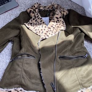 Army green cheetah fur lined coat